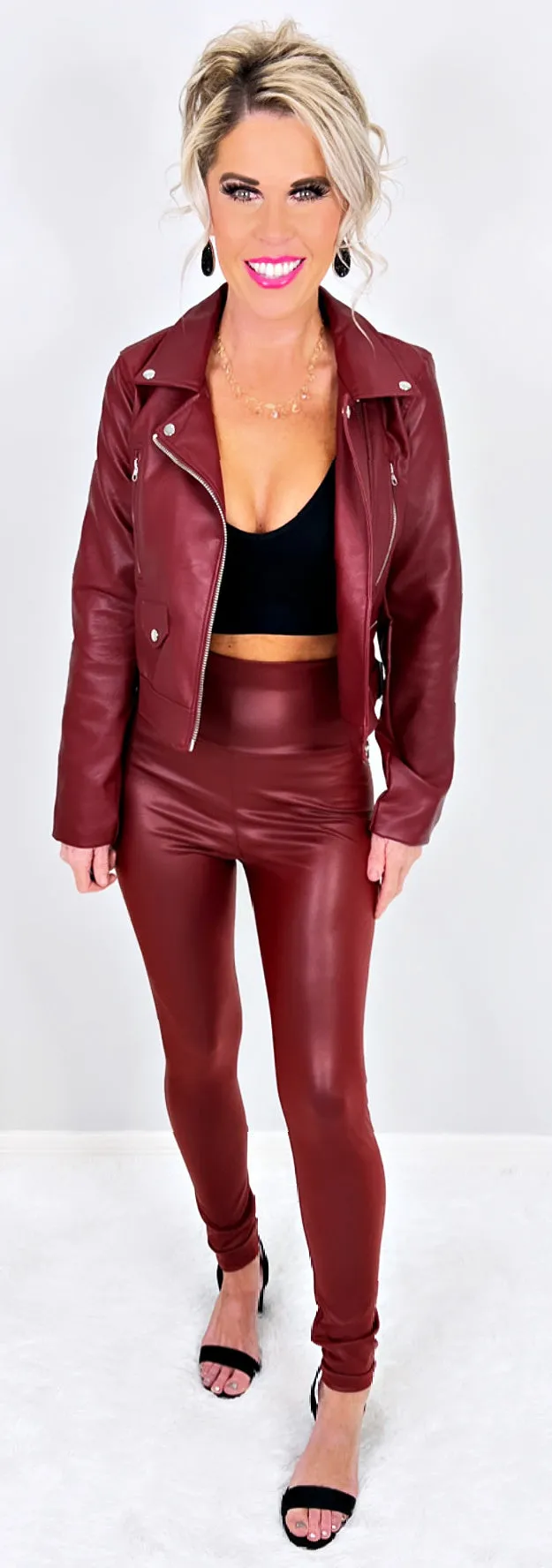 High Waist Faux Leather Leggings - Burgundy