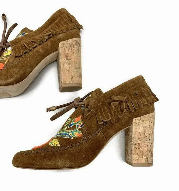Tory Burch Women's Brown Suede Beaded Huntington Moccasin Ankle Boots Booties 6