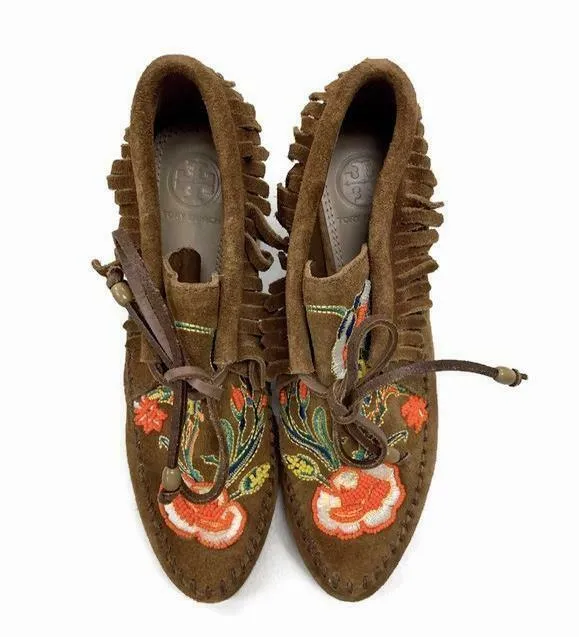 Tory Burch Women's Brown Suede Beaded Huntington Moccasin Ankle Boots Booties 6